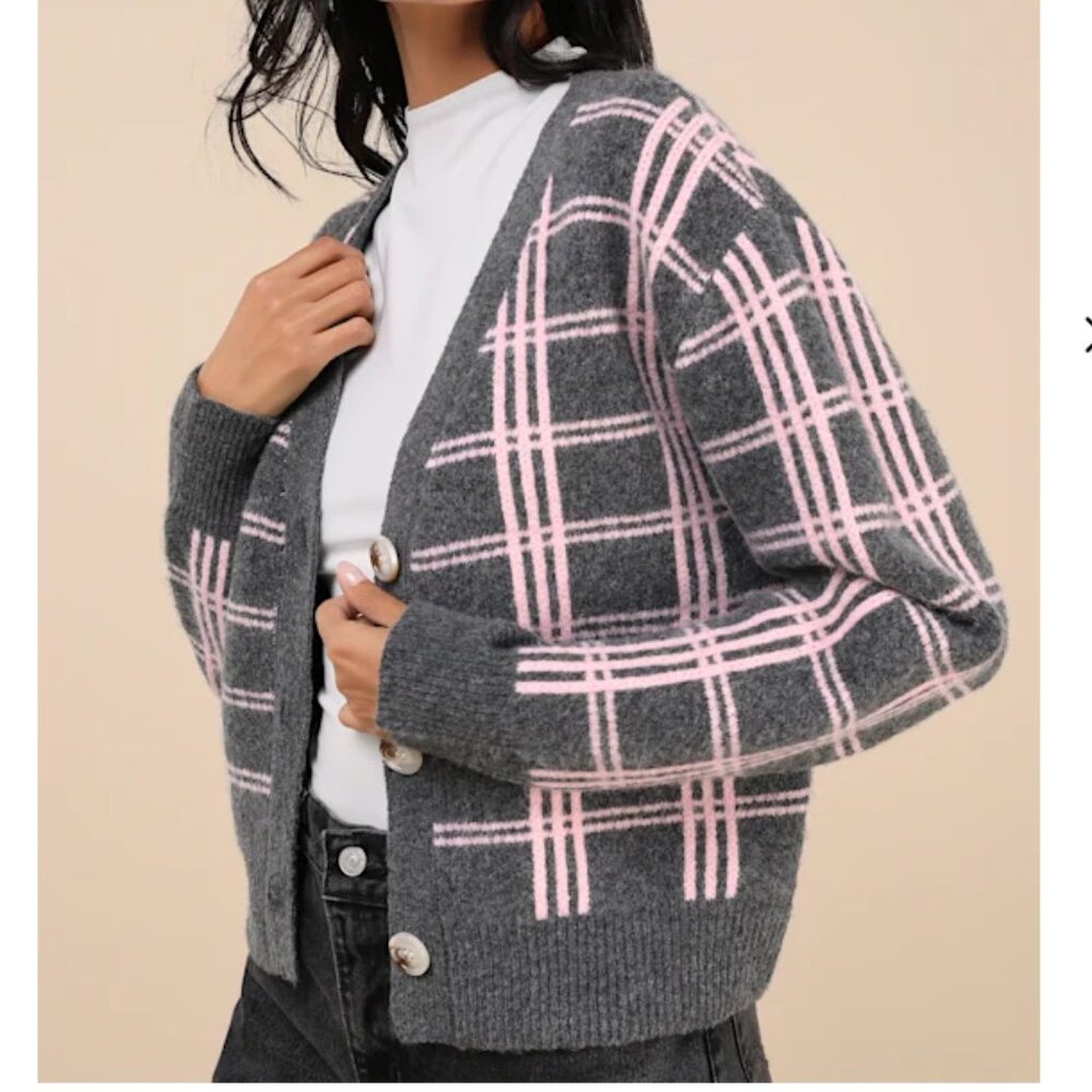 NWT • Lulus • Charcoal Grey and Pink Plaid Cardigan